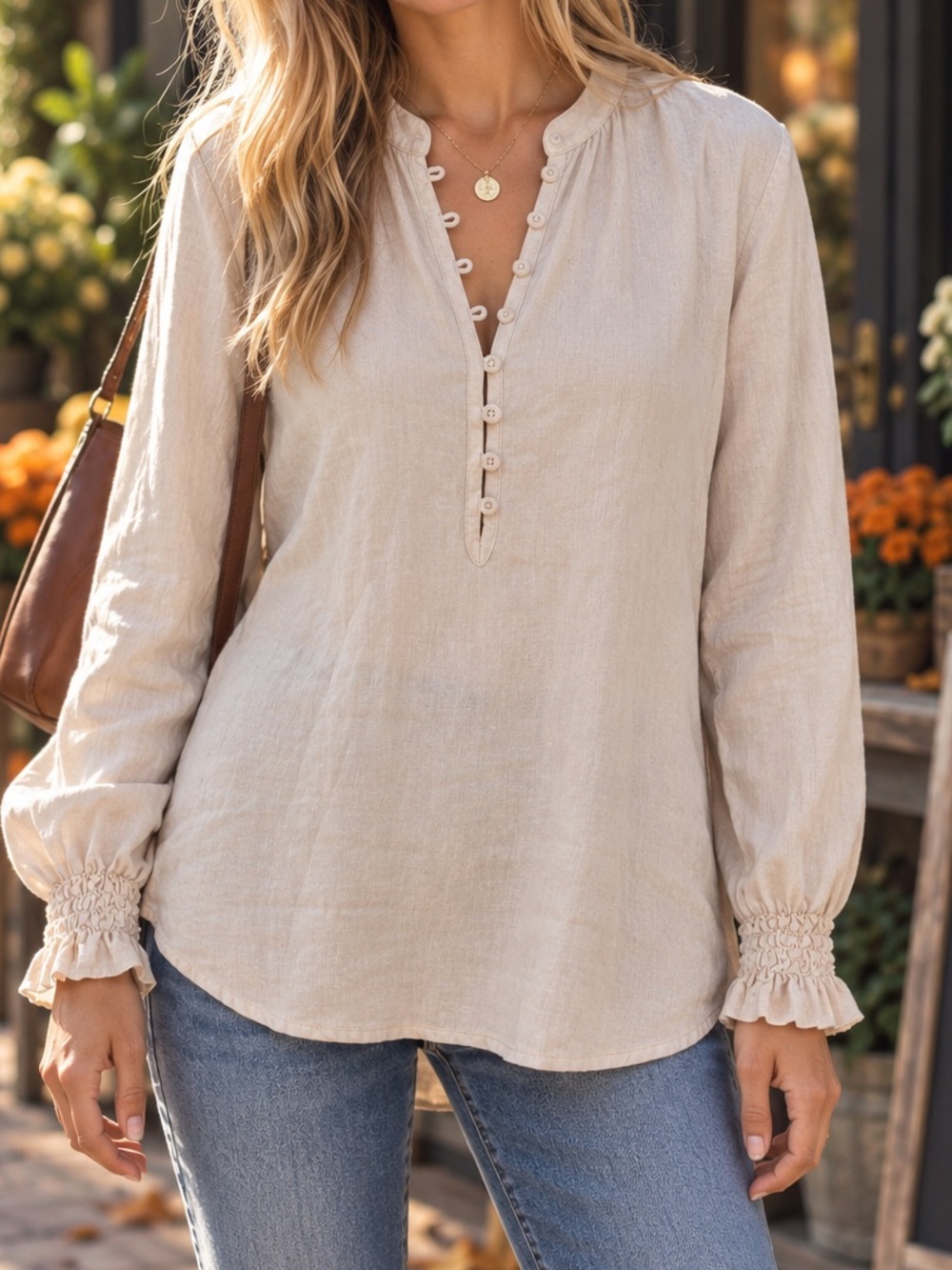 Cloth & Stone S Anthropologie Cream Tunic Top Smocking V-Neck Cottagecore
